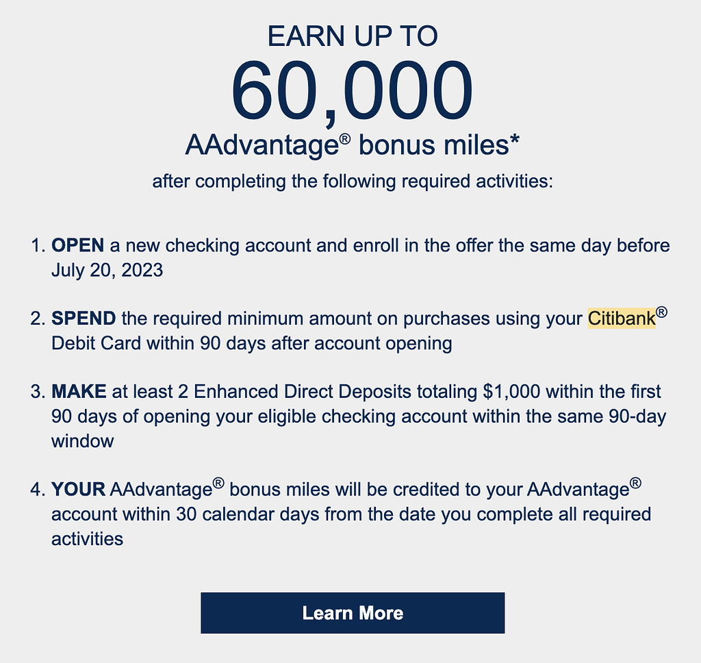 Citi checking account 新offer? 60000 AA miles after spending 1000 & 2DD