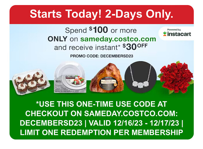 Costco 100 30 or 40business center same day delivery apple pay