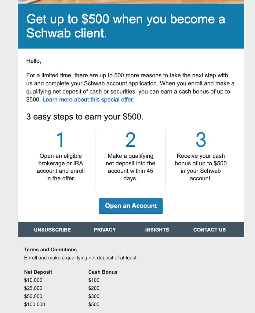 Charles Schwab 开户奖励高至$500，比论坛里多设了1级，今天刚收到邮件。 - 理财- 美卡论坛