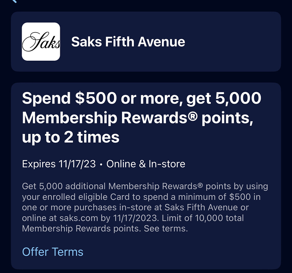 amex offer Saks Fifth Avenue Spend 500 or more, get 5,000 Membership