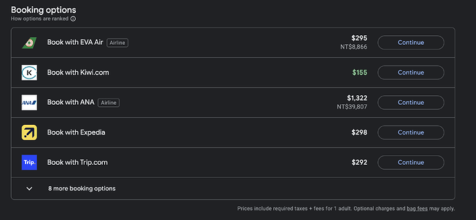 kiwi google flight price