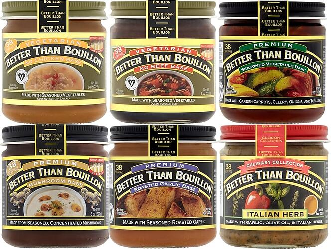 Amazon.com : Better Than Bouillon All Vegetarian Base Variety Pack, 1 No  Chicken Base, 1 No Beef Base, 1 Seasoned Vegetable Base, 1 Mushroom Base, 1  Roasted Garlic Base, 1 Italian Herb