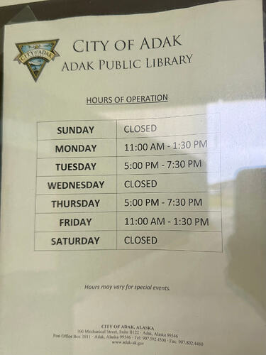 Adak Public Library 每周开放时间告示