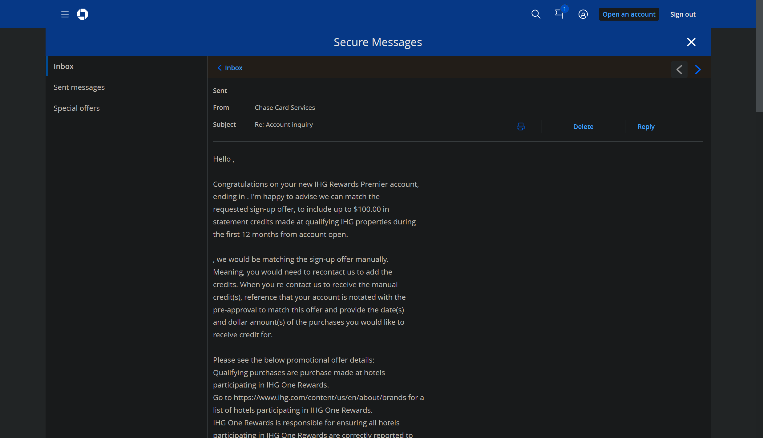 Chase IHG Premier】 Secure Message 成功Match 升级版开卡奖励- 信用卡- 美卡论坛