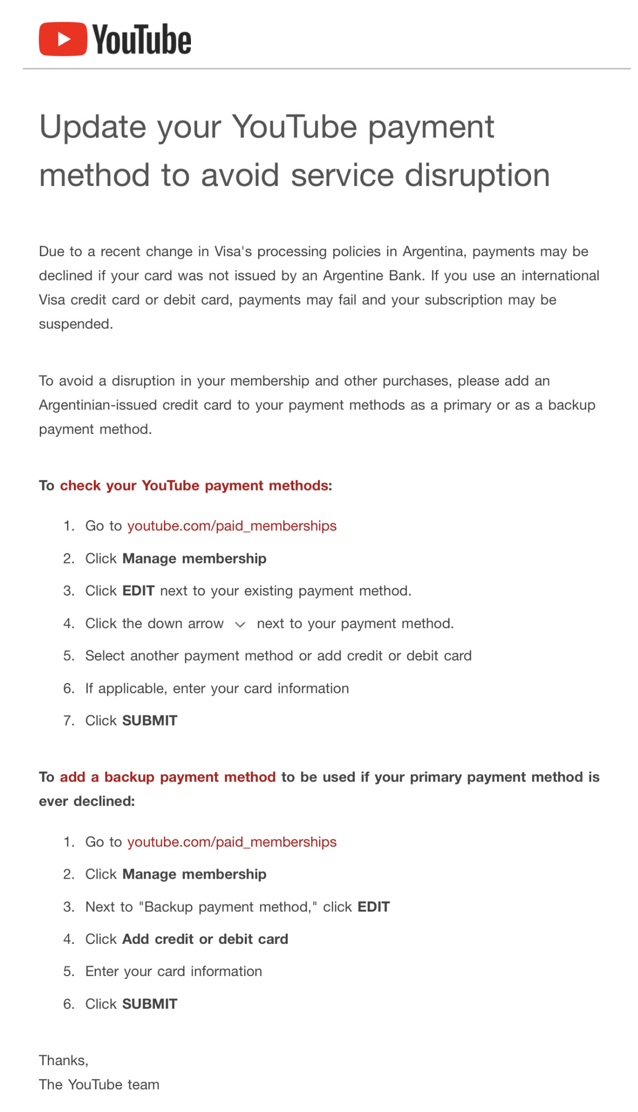 Youtube阿根廷区提醒更新支付方式- 败家- 美卡论坛