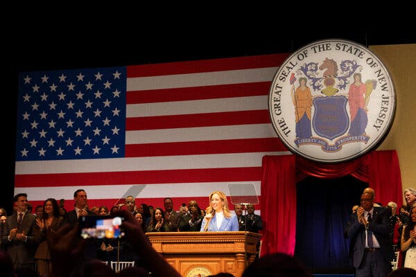 New Jersey Gov. Mikie Sherrill speaks to a crowd of people at her swearing-in ceremony in early 2026. |600x399.8958435058594