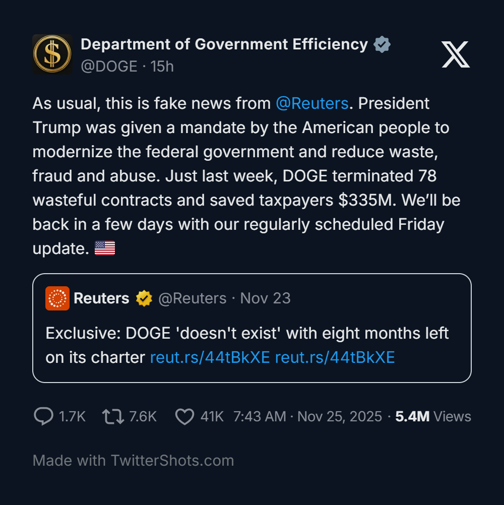 政府效率部(DOGE)已提前八个月解散（已辟谣） - 社会新闻- 美卡论坛