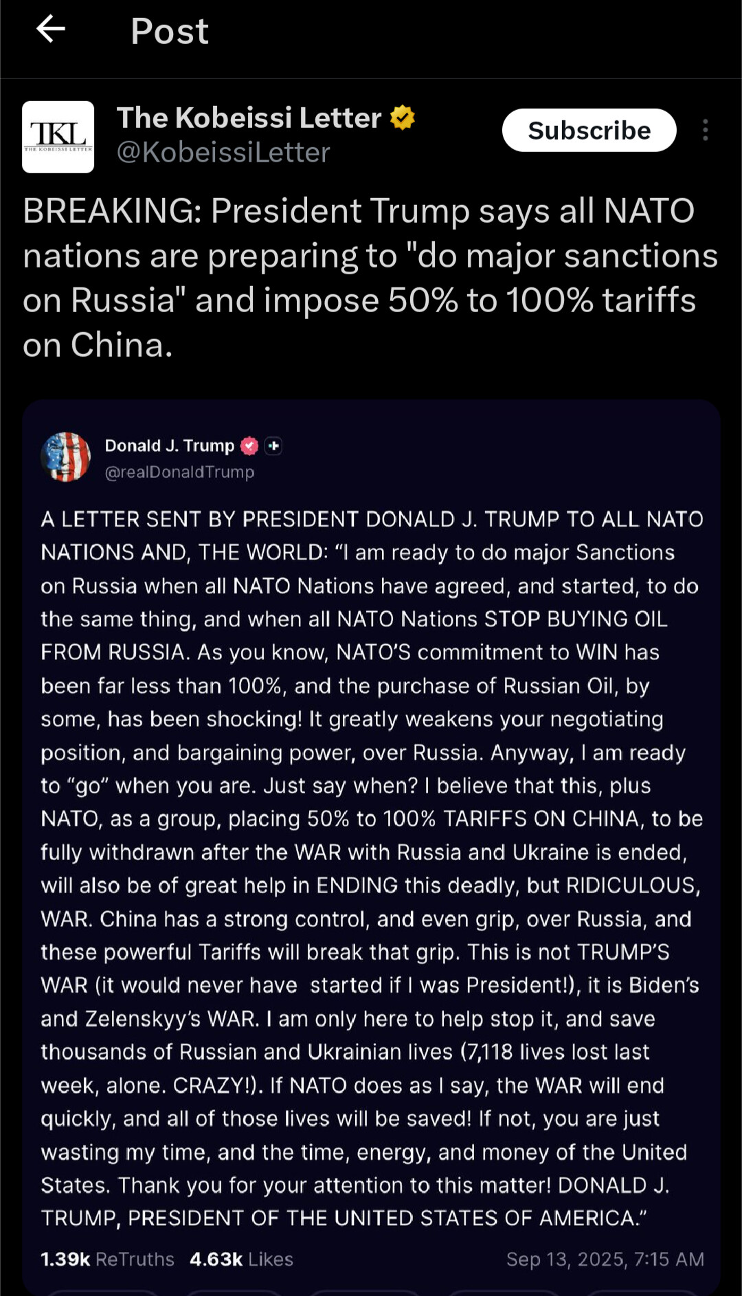 Trump 要求北约制裁俄罗斯并对中国征50%到100%关税- 社会新闻- 美卡论坛