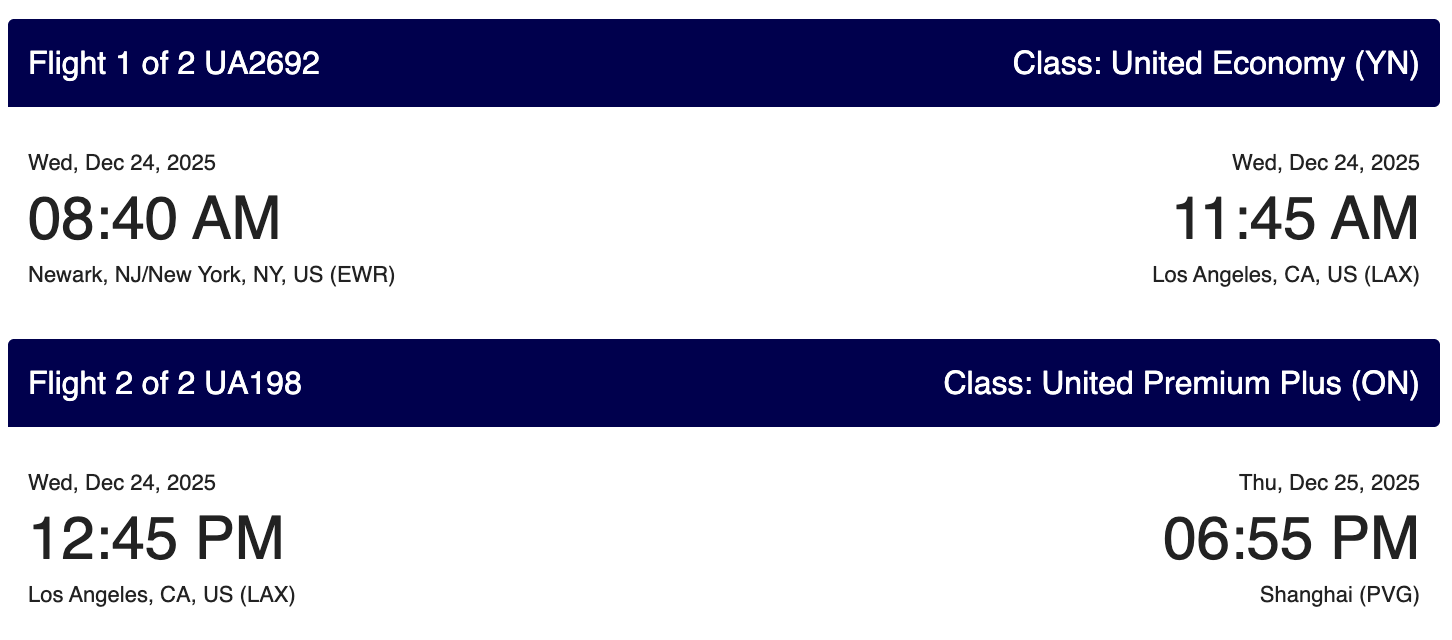 在UA这里找到了初恋的感觉（圣诞EWR-SFO/LAX-PVG 65k超经） - 航空常旅客- 美卡论坛
